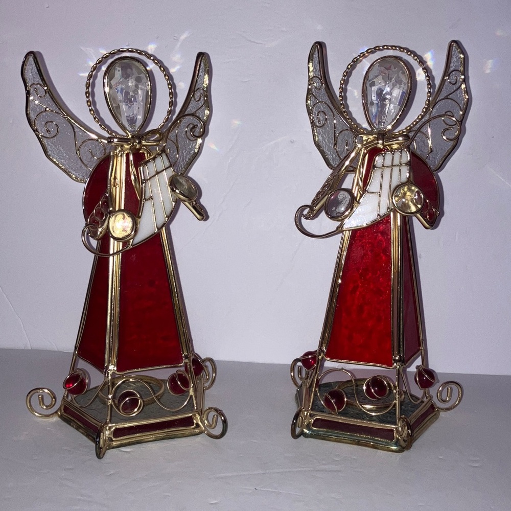 Red and Gold Stained Glass Angel Figurines Tealight Candle Holder Set 10” Tall